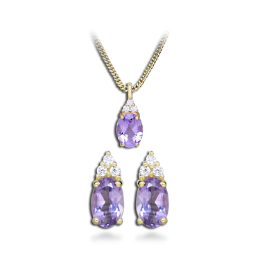Amethyst Sæt m. Halskæde & Ørestikker - 8 kt. Guld fra Gold Essentials by Plaza