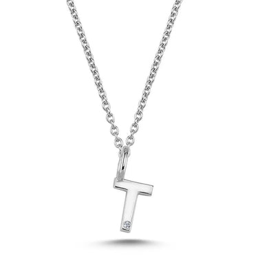 Bogstavvedhæng T m. 1 x 0,005 ct. W/SI 6,5 mm. - 14 kt. Hvidguld fra Nuran