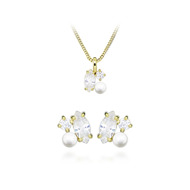 White Dream Pearl Sæt m. Halskæde & Ørestikker - 8 kt. Guld fra Gold Essentials by Plaza