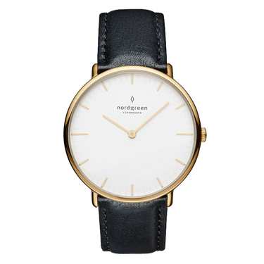 NativeR // 32mm // Gold // Black Leather // White Dial fra Nordgreen