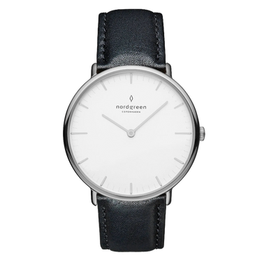 NativeR // 32mm // Silver // Black Leather // White Dial fra Nordgreen