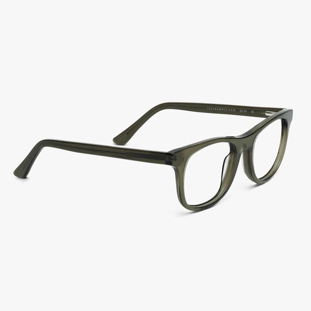 Luxreaders stylish Malmö Shiny Olive Blue light glasses. Made from Acetate in a Square shape.