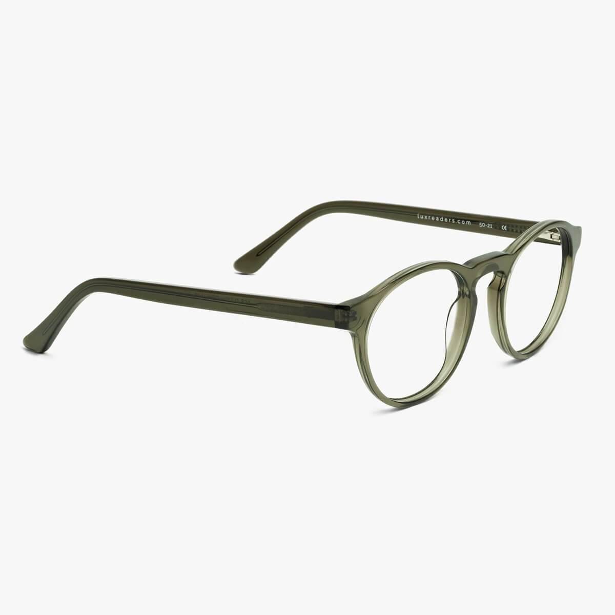 Luxreaders stylish Women's Trondheim Shiny Olive Reading glasses. Made from Acetate in a Round shape.