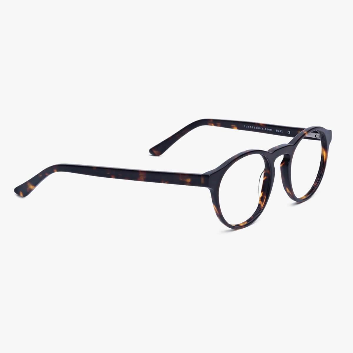 Luxreaders stylish Women's Trondheim Dark Turtle Reading glasses. Made from Acetate in a Round shape.