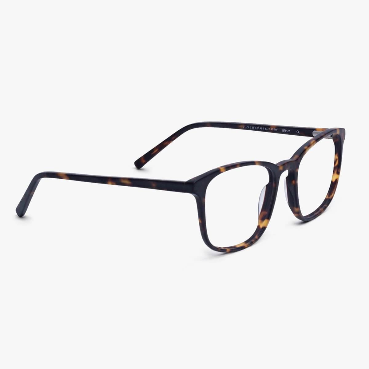 Luxreaders stylish Ebeltoft Dark Turtle Blue light glasses. Made from Acetate in a Square shape.
