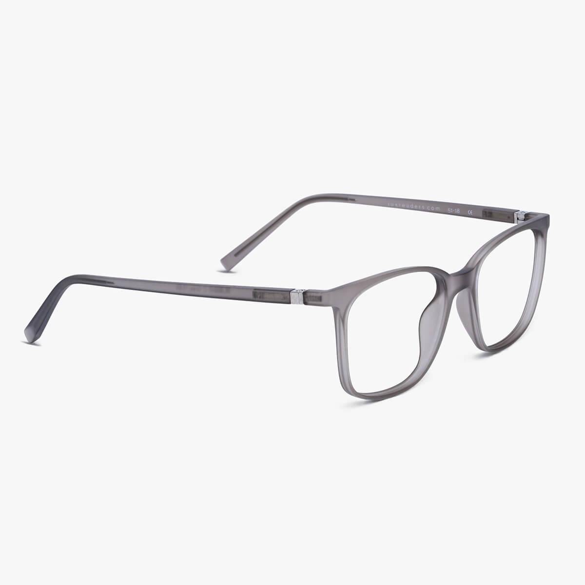 Luxreaders stylish Men's Fyn Grey Blue light glasses. Made from Rubber in a Square shape.
