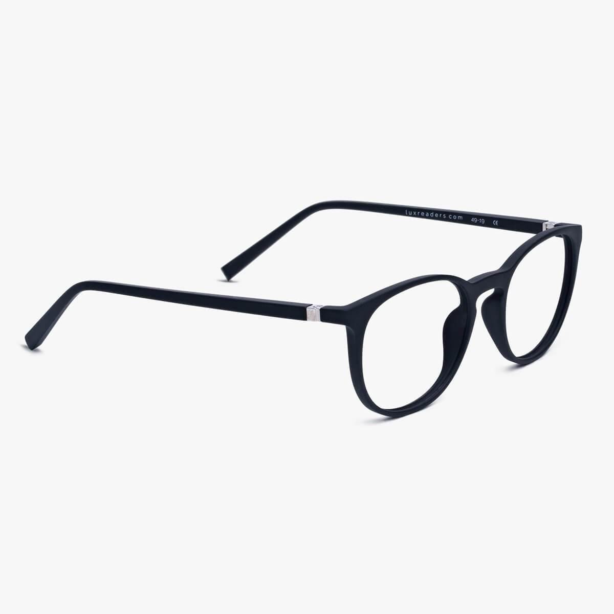 Luxreaders stylish Stockholm Black Blue light glasses. Made from Rubber in a Iconic shape.
