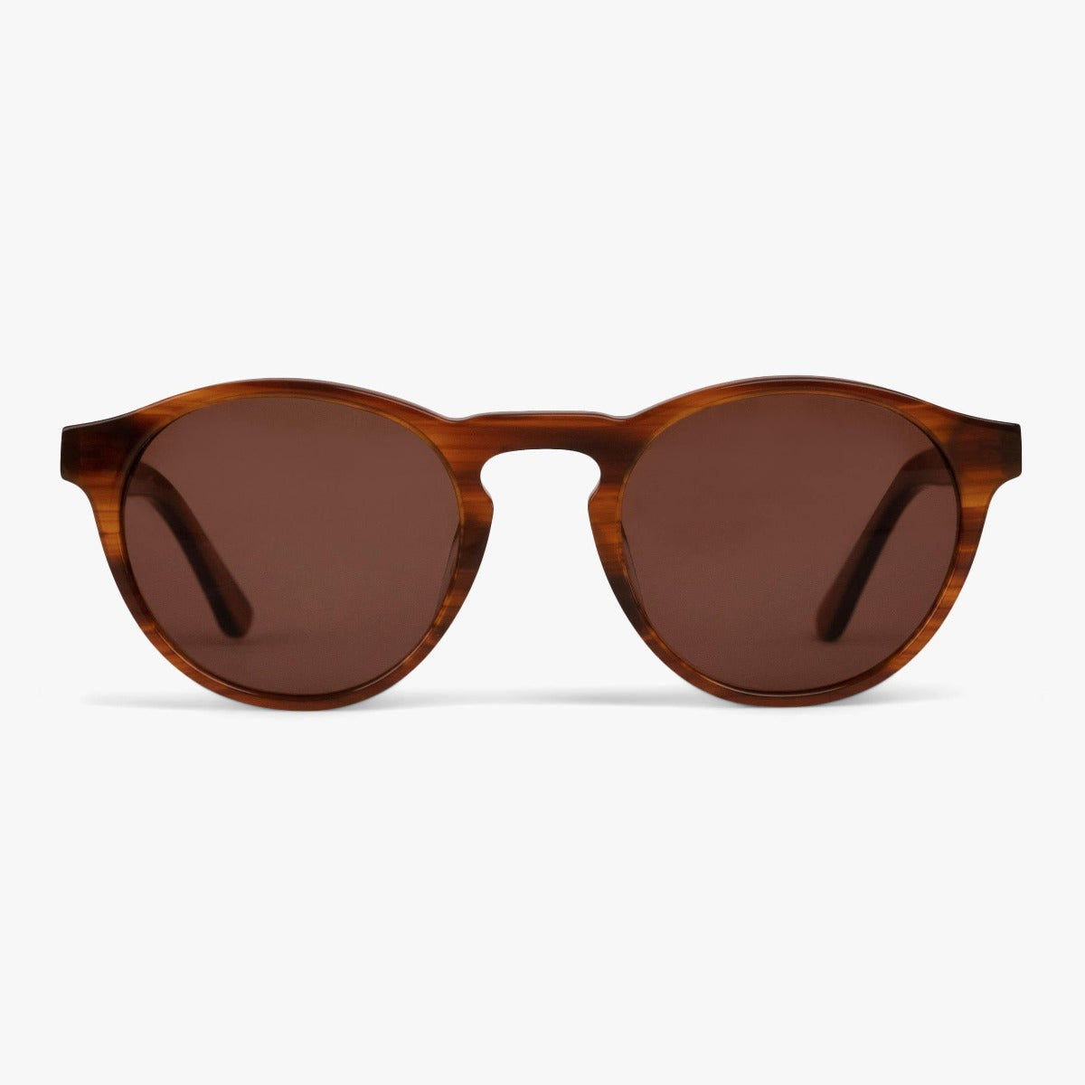 Luxreaders stylish Trondheim Shiny Walnut Sunglasses. Made from Acetate in a Round shape.