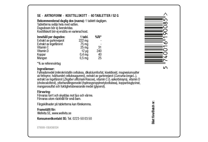 Artroform kosttillskott med gurkmejaextrakt för smidiga leder, 60 tabletter i förpackning.