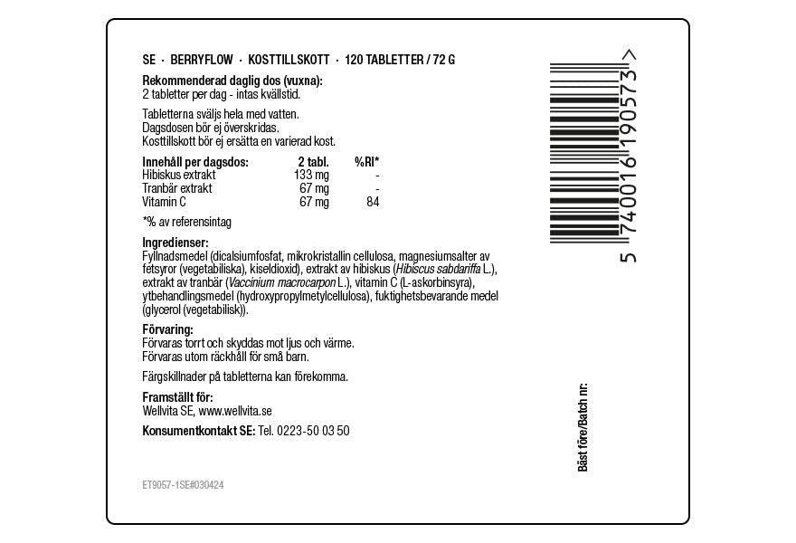 Berryflow kosttillskott burk med 120 tabletter, innehåller hibiskus, tranbärsextrakt och vitamin C.