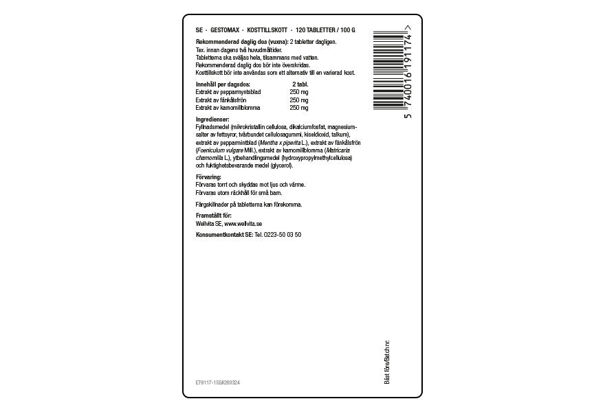 Förpackning av Gestomax kosttillskott med pepparmynta, kamomill och fänkål, 120 tabletter.