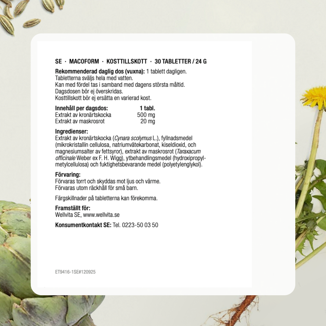 Macoform kosttillskott, 60 tabletter med maskros och kronärtskocka.
