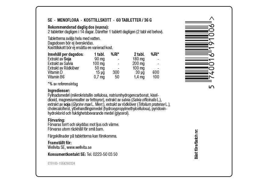 Menoflora kosttillskott med rödklöver, salvia och vitamin B6, 60 tabletter.