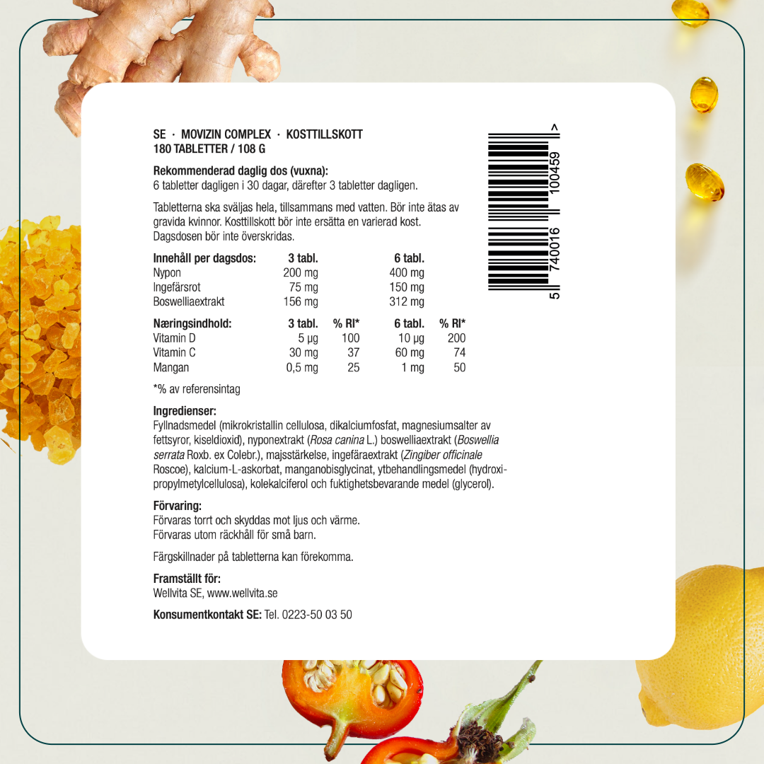 Movizin Complex kosttillskott, 180 tabletter för leder och muskler, med D-vitamin, C-vitamin, ingefära, boswellia och nypon.