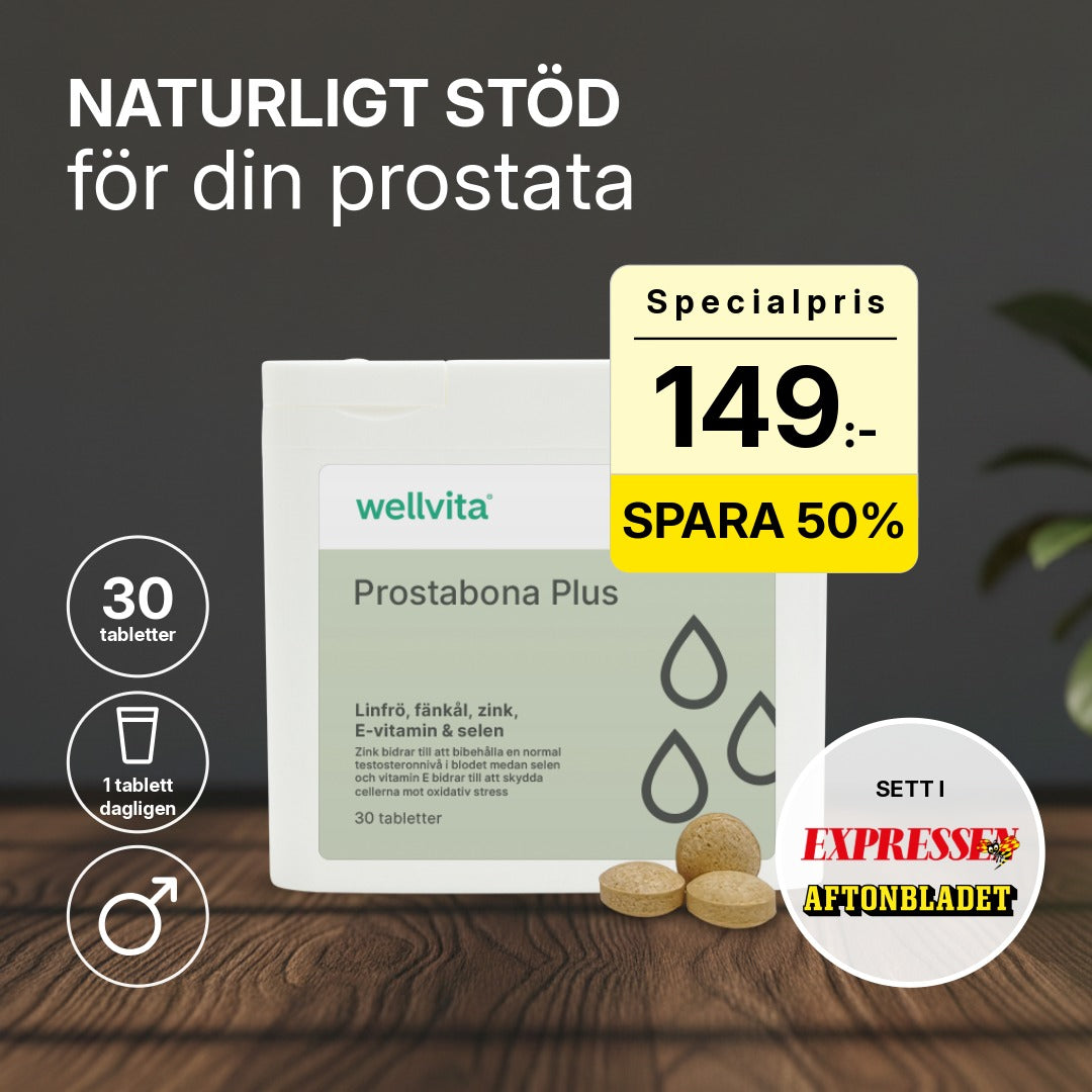 Förpackning av Prostabona Plus kosttillskott med linfröextrakt, fänkål, zink, E-vitamin och selen.