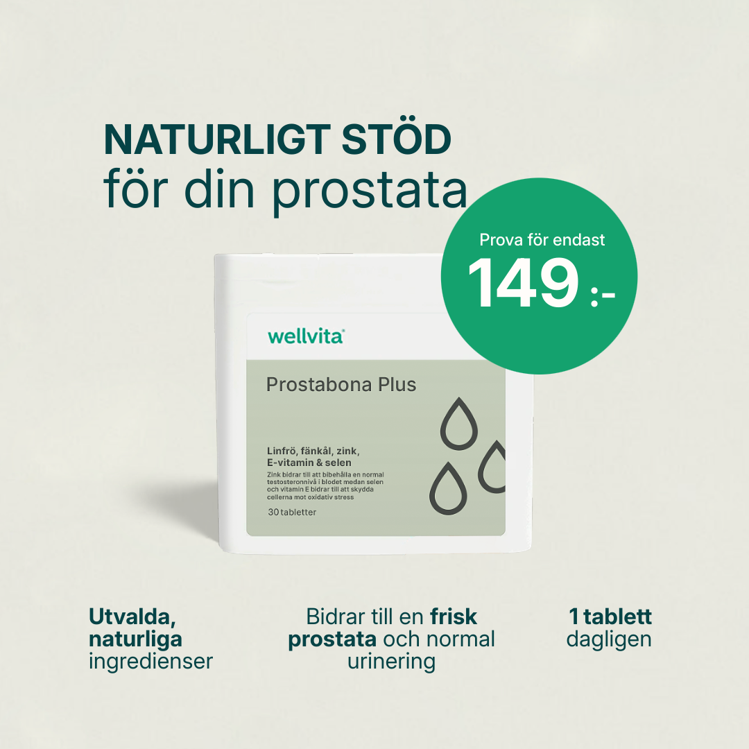 Förpackning av Prostabona Plus kosttillskott med linfröextrakt, fänkål, zink, E-vitamin och selen.