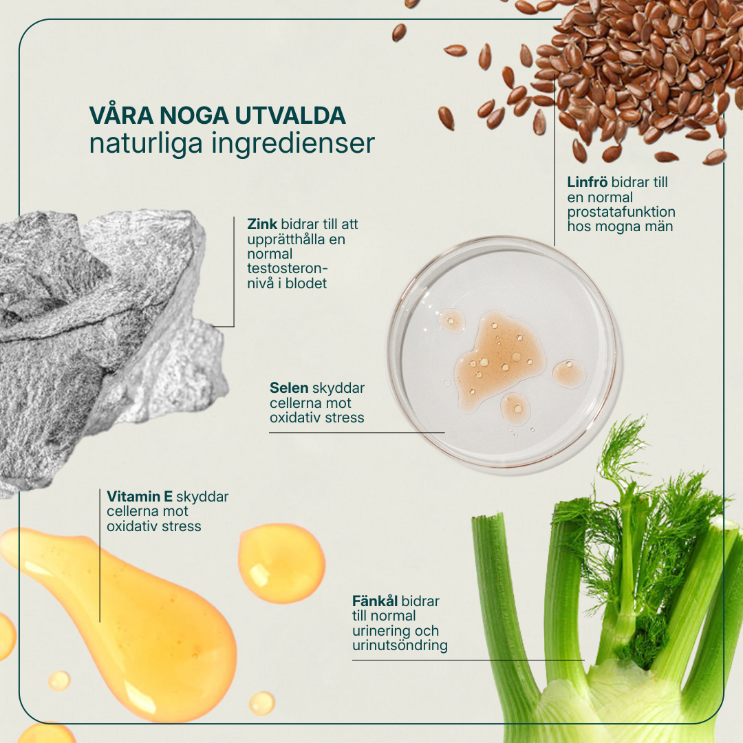 Förpackning av Prostabona Plus kosttillskott med linfröextrakt, fänkål, zink, E-vitamin och selen.