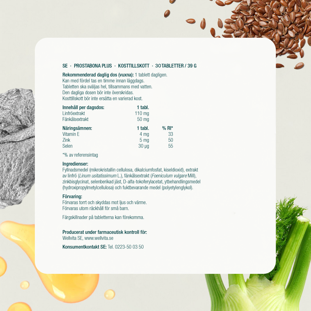 Förpackning av Prostabona Plus kosttillskott med linfröextrakt, fänkål, zink, E-vitamin och selen.