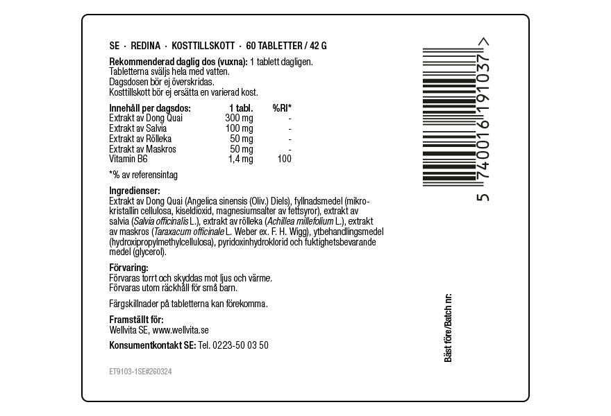 Kosttillskott Redina för klimakterievälbefinnande, baserad på salvia och don quai.