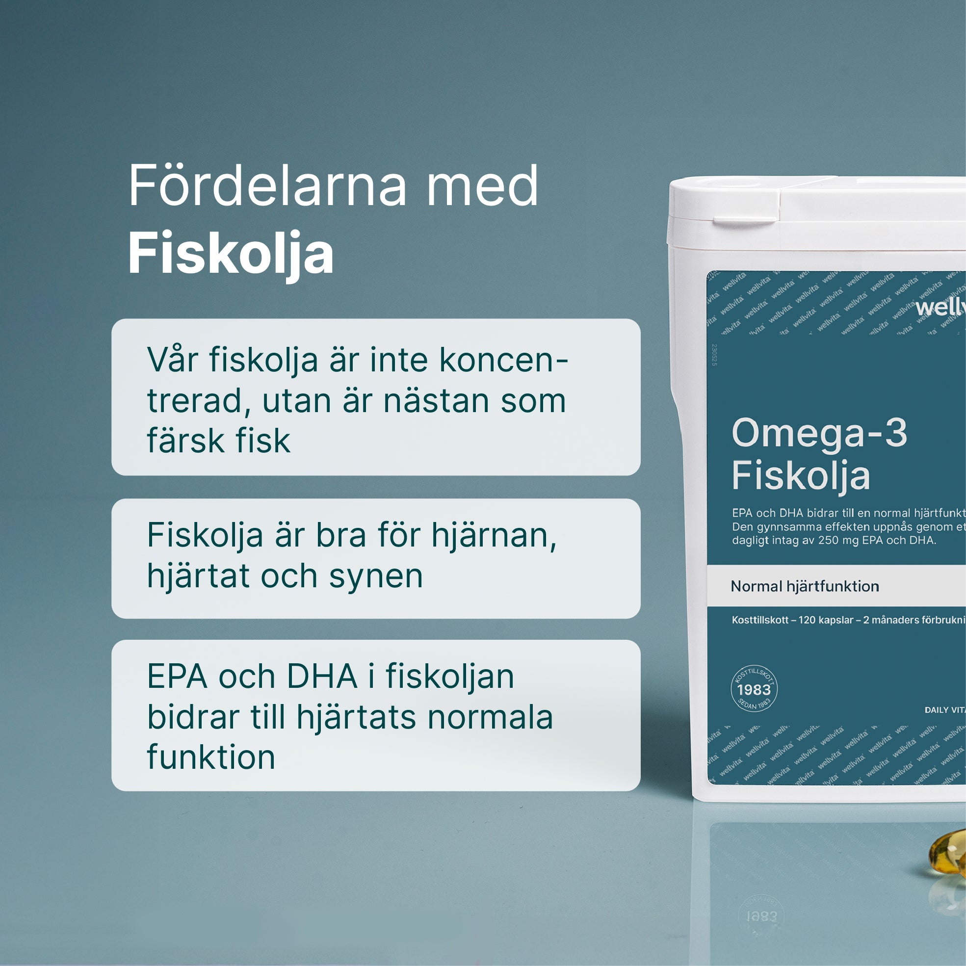 Wellvita Omega-3 fiskolja med EPA och DHA för normal hjärtfunktion, 120 kapslar kosttillskott