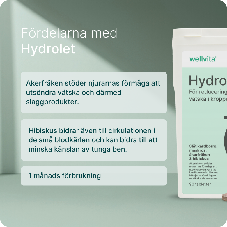 Kosttillskott Hydrolet, 90 tabletter, stödjer njurarnas vätskeförmåga med åkerfräken, maskros och hibiskus.