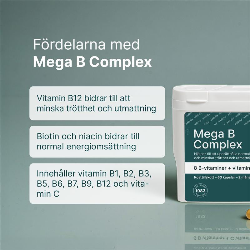 Mega B Complex kosttillskott med 8 B-vitaminer och vitamin C för energi, nervsystem och immunförsvar