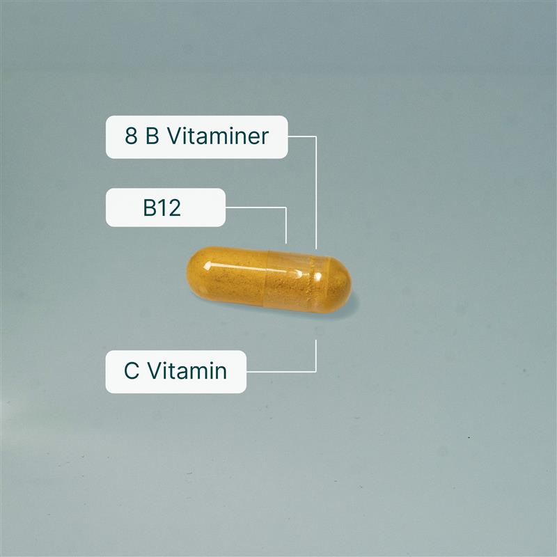 Mega B Complex kosttillskott med 8 B-vitaminer och vitamin C för energi, nervsystem och immunförsvar