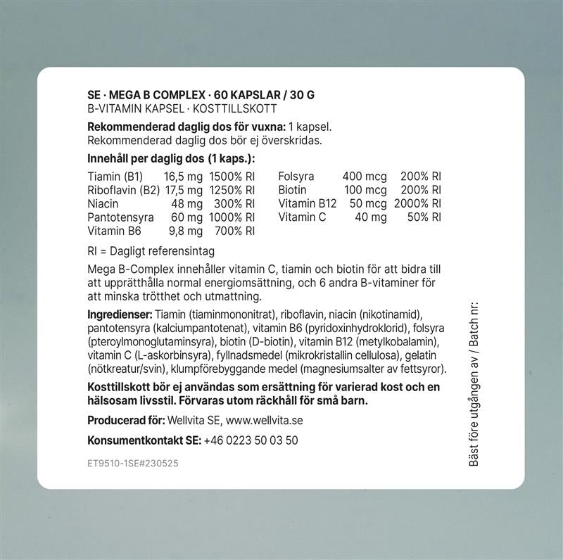 Mega B Complex kosttillskott med 8 B-vitaminer och vitamin C för energi, nervsystem och immunförsvar