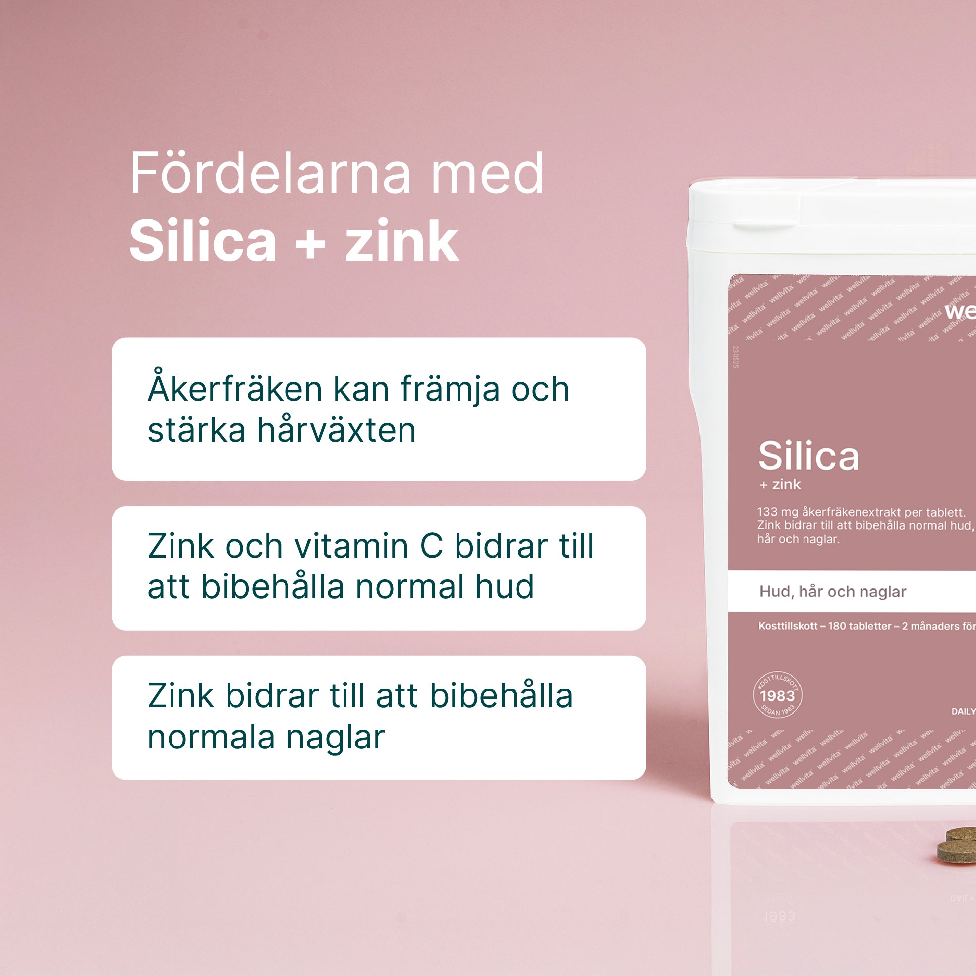 Wellvita Silica + zink kosttillskott för hud, hår och naglar med åkerfräken och zink.