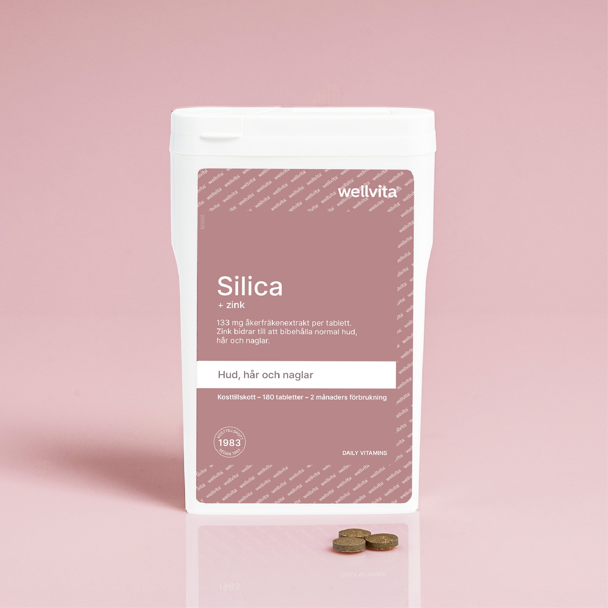 Wellvita Silica + zink kosttillskott för hud, hår och naglar med åkerfräken och zink.