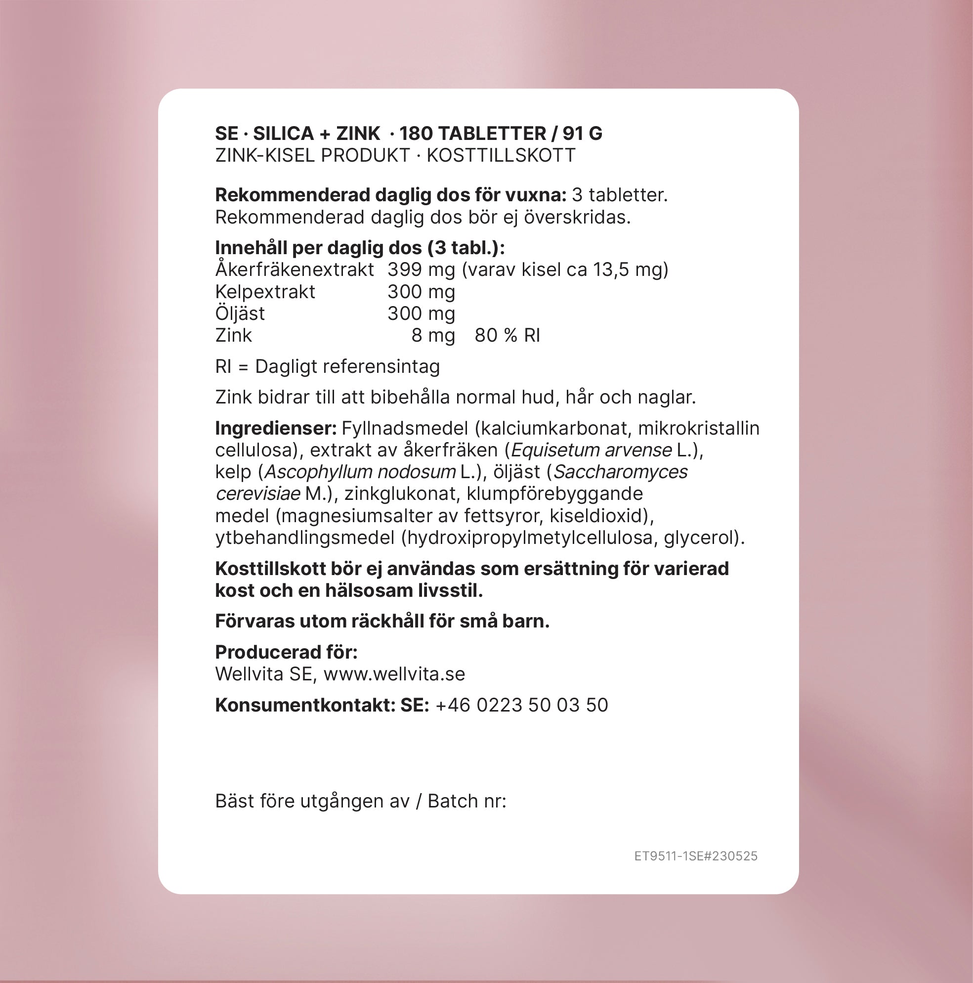 Wellvita Silica + zink kosttillskott för hud, hår och naglar med åkerfräken och zink.