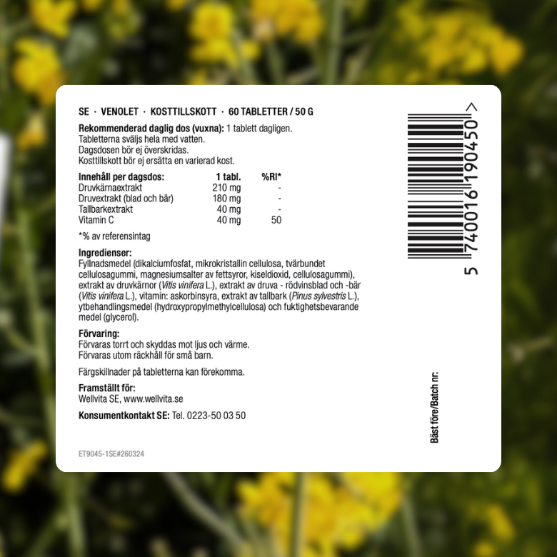 Venolet kosttillskott med rödvinsblad, druvkärnor, tallbark och vitamin C, 60 tabletter för blodcirkulation och hudförbättring.