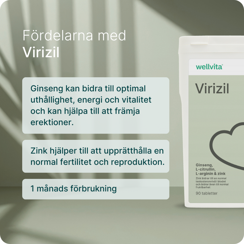 Virizil kosttillskott för män, 90 tabletter med ginseng, L-citrullin, L-arginin och zink, främjar energi och vitalitet.