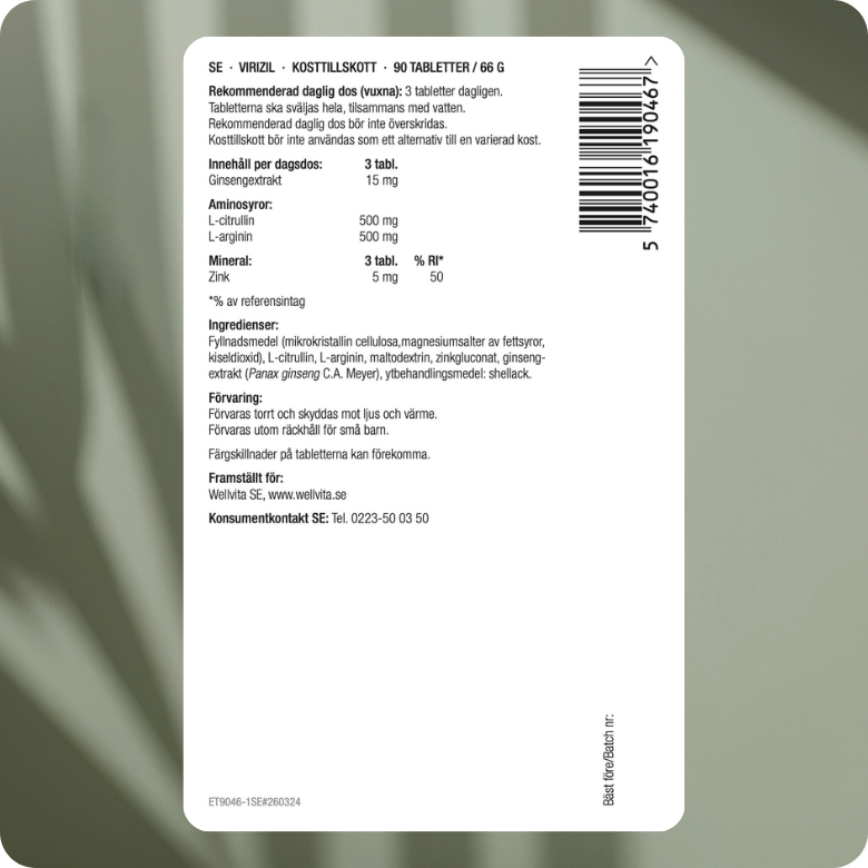 Virizil kosttillskott för män, 90 tabletter med ginseng, L-citrullin, L-arginin och zink, främjar energi och vitalitet.