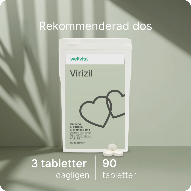 Virizil kosttillskott för män, 90 tabletter med ginseng, L-citrullin, L-arginin och zink, främjar energi och vitalitet.
