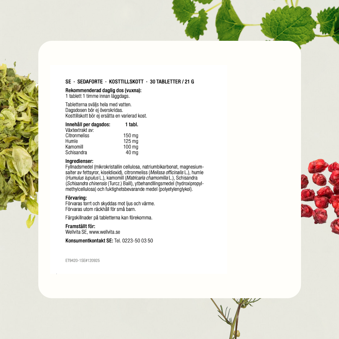Sedaforte kosttillskott, 60 tabletter, med citronmeliss, humle, kamomill och schisandra för avslappning och sömn.