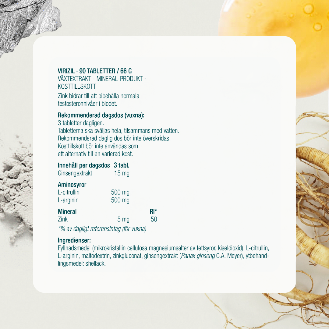 Virizil kosttillskott för män, 90 tabletter med ginseng, L-citrullin, L-arginin och zink, främjar energi och vitalitet.