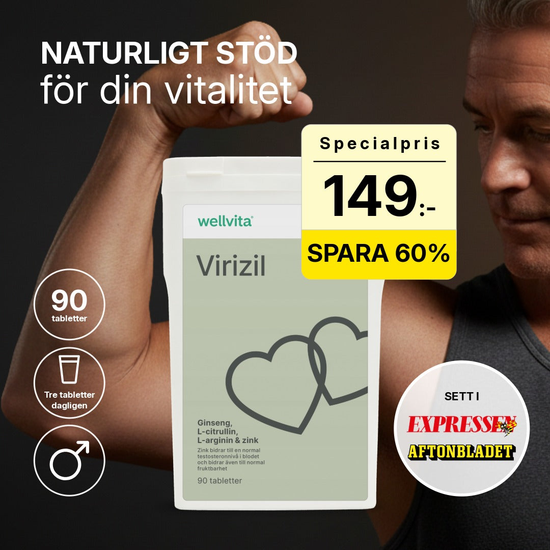 Virizil kosttillskott för män, 90 tabletter med ginseng, L-citrullin, L-arginin och zink, främjar energi och vitalitet.