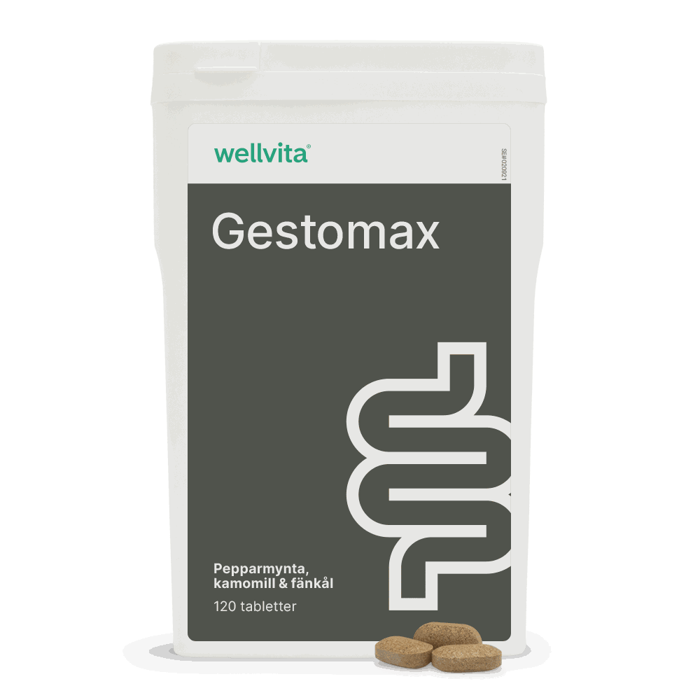 Förpackning av Gestomax kosttillskott med pepparmynta, kamomill och fänkål, 120 tabletter.